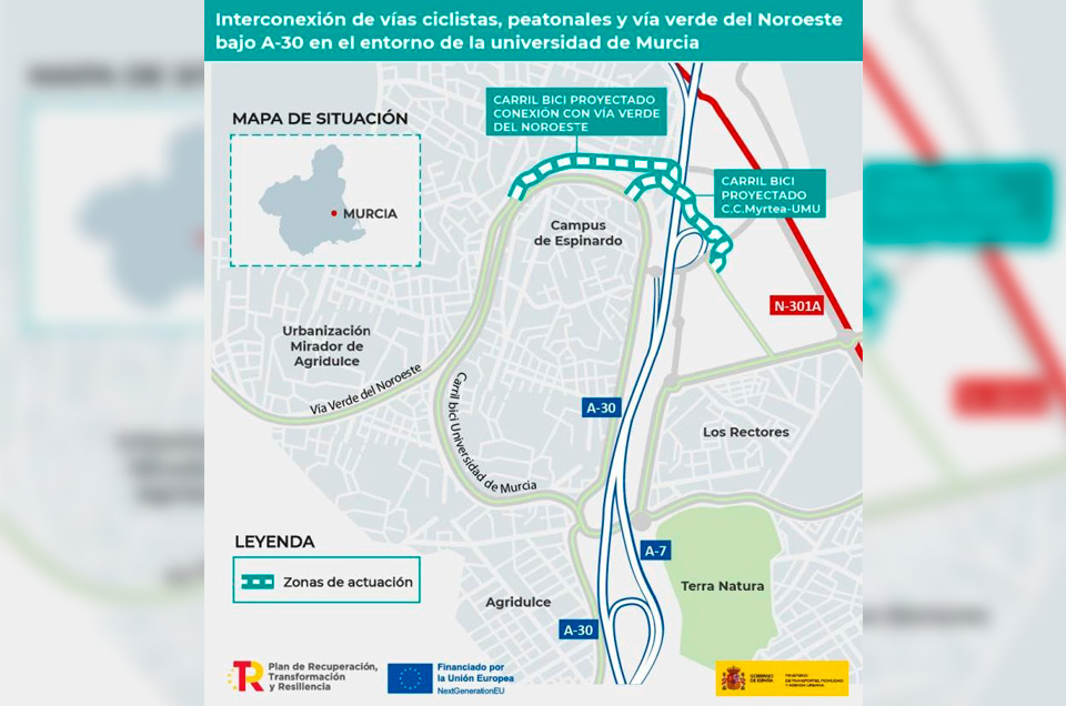 Carril Bici y peatonal desde la Vía Verde del Noroeste para mejorar el acceso a la Universidad de Murcia