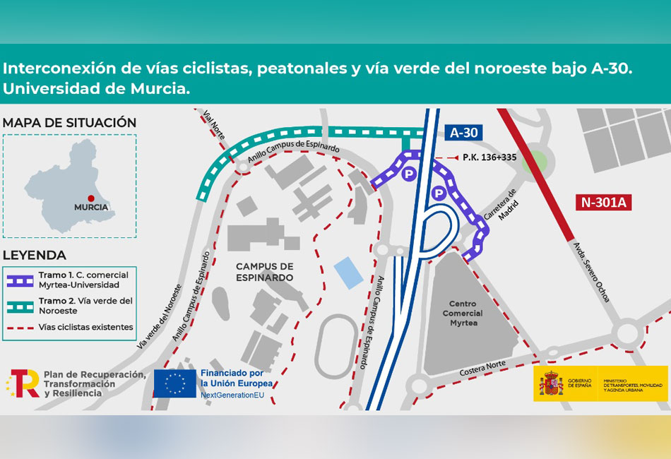 El Ministerio de Transportes y Movilidad Sostenible adjudica las obras para conectar el Camino Natural Vía Verde del Noroeste a su paso por la autovía A-30 en Murcia con otras vías ciclistas y peatonales