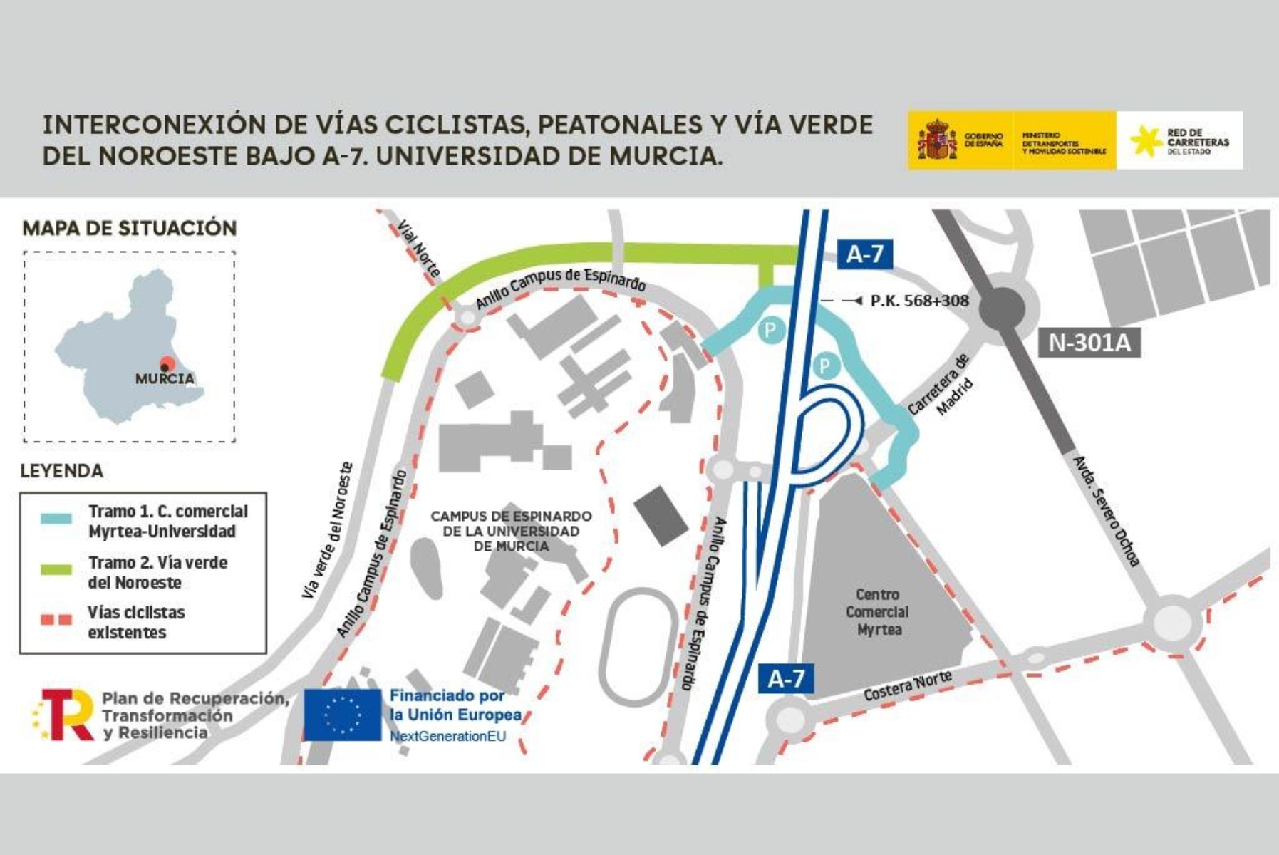 El Ministerio de Transportes, en el marco de la Estrategia Estatal por la Bicicleta, conecta el Camino Natural Vía Verde del Noroeste en Murcia con carril bici y peatonal bajo la A-7